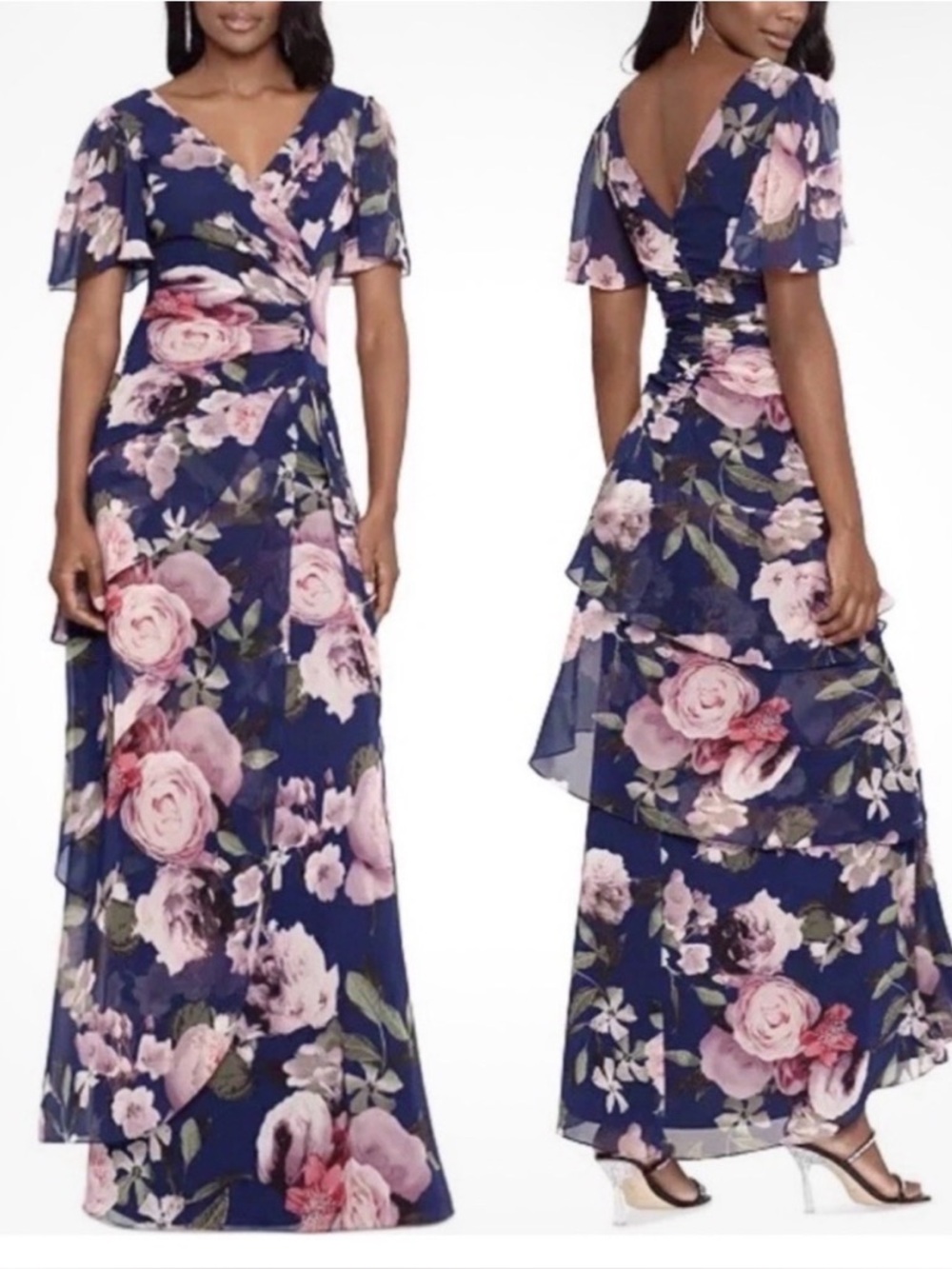Xscape Navy Maxi Dress with Pink Floral Print